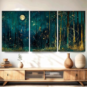 Moon Stars Wall Art, Vintage Dark Forest Landscape Nature Decor, Night Sky View 3-Panel Canvas Art, Mystical Midnight Wall Art Ready to Hang