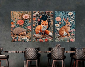 Set of 3 Framed William Morris Style Canvas Prints, Fox Rabbit Hedgehog Wall Art