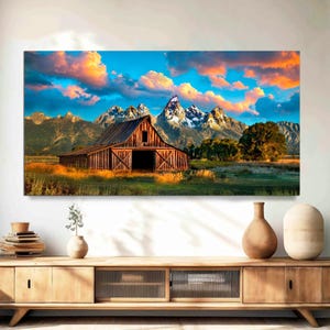 Moulton Barn Canvas Wall Art, Grand Teton National Park Sunrises Over Mormon Barn, Cabin & Home Interior Decor, Mountain Landscape Large Art