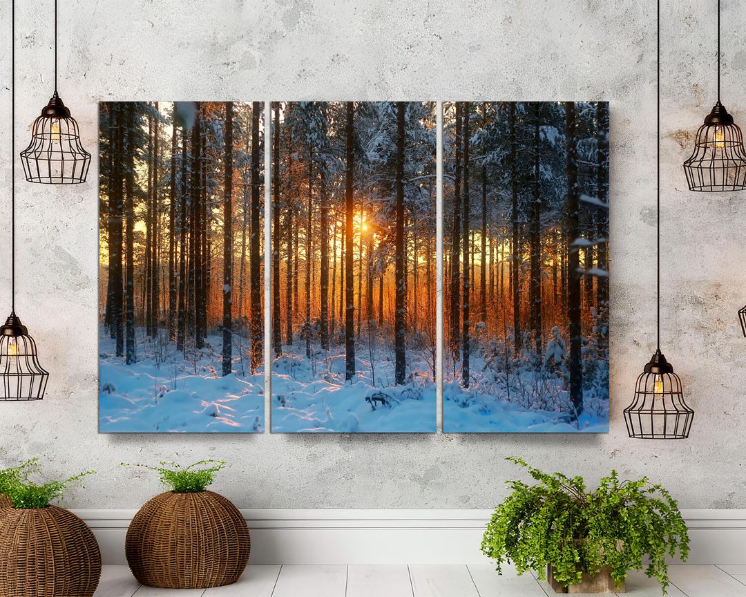 Winter Sunset Pine Forest Canvas Print: 3-panel Rustic Farmhouse Wall ...