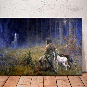 May include: A painting of a person in a forest with two dogs. The person is wearing a long, brown coat and is holding a staff. The dogs are white and brown and are running through the forest. The background is a dark forest with a white deer in the distance.