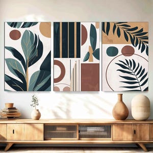 Large Floral Canvas Wall Art Prints Set of 3 Tropical Leaves Abstract Shapes Illustrations Mid Century Modern Art Boho Decor Ready to Hang.