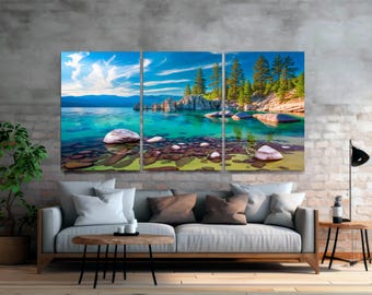 Lake Tahoe Canvas Wall Art: 3-Panel Panoramic Landscape, Nature Decor