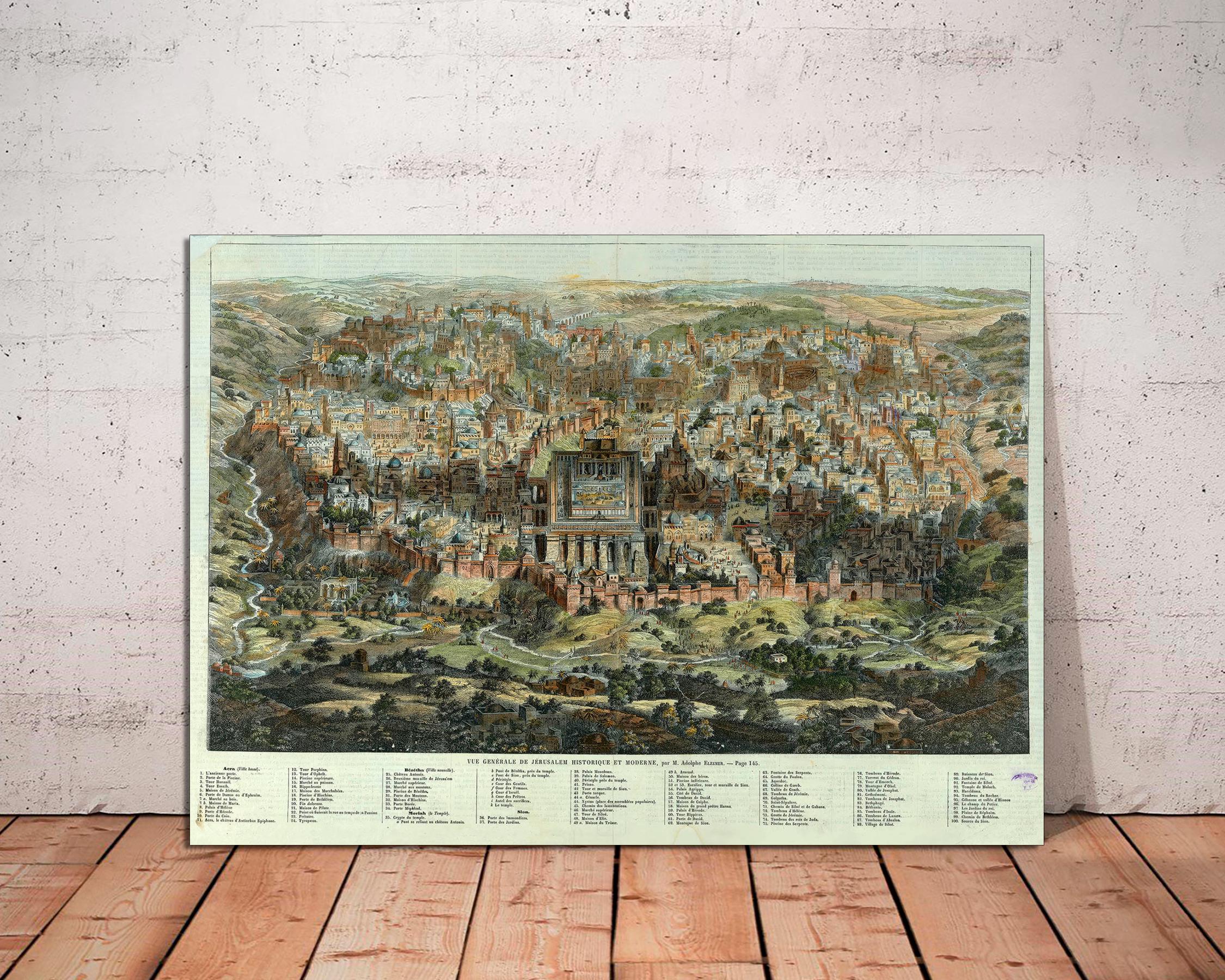Biblical Art, Antique Map of Jerusalem, Ancient Christian Art,Holy Place Print,Christian Home Decor, Bible Art Canvas Painting Ready to Hang