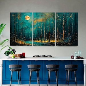 Moon Stars Wall Art, Vintage Dark Forest Landscape Nature Decor, Night Sky View 3-Panel Canvas Art, Mystical Midnight Wall Art Ready to Hang