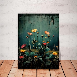 Wildflower Field Framed Wall Art, Vintage Botanical Landscape, Floral Decor, Modern Farmhouse Canvas Art, Field of Flowers Canvas Print