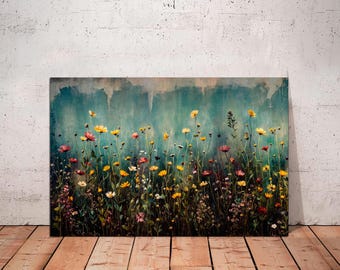 Vintage Wildflower Field Canvas Art: Botanical Landscape, Farmhouse Decor