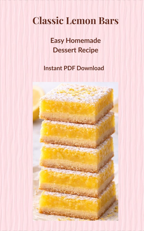 Classic Lemon Bars Recipe | Easy Homemade Lemon Squares | Buttery Lemon Dessert | Step-by-Step Baking Recipe | Instant PDF Download