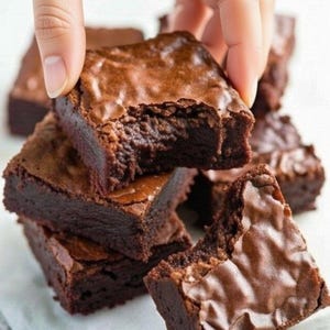 Pu&ograve; includere: Una pila di brownies al cioccolato fondente. Una mano tiene in mano un brownie, rivelando l'interno umido. I brownies hanno una superficie leggermente screpolata e lucida, con una consistenza densa e cremosa, perfetta per un dolce.