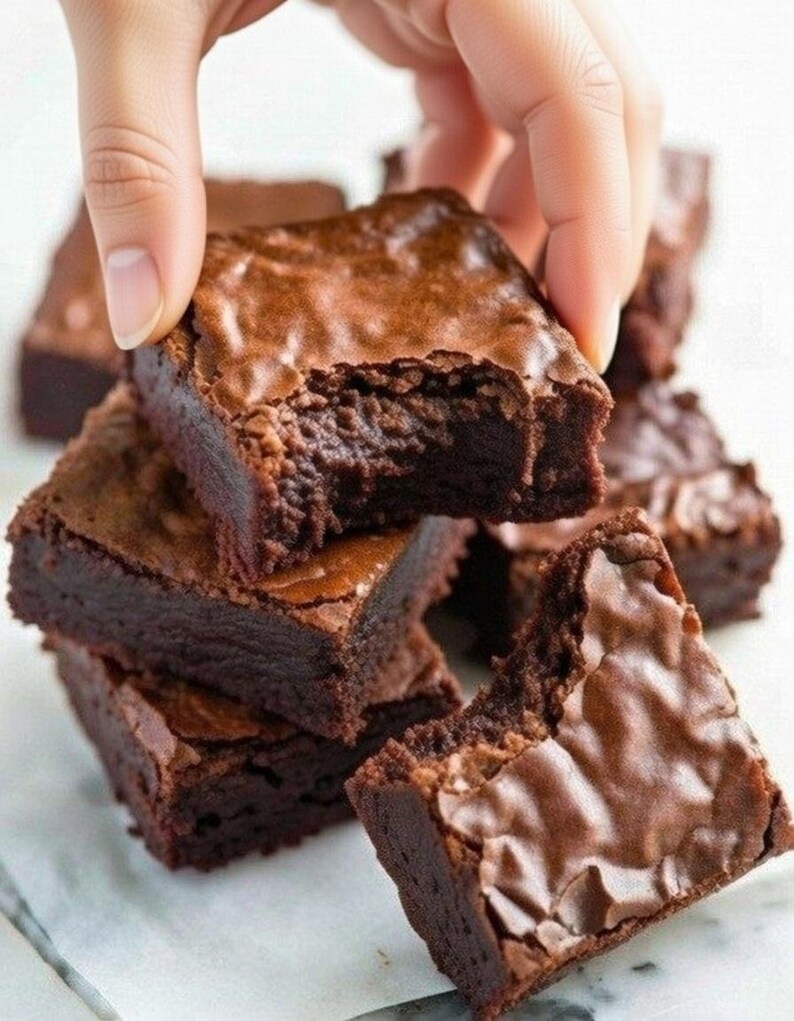 Pu&ograve; includere: Una pila di brownies al cioccolato fondente. Una mano tiene in mano un brownie, rivelando l'interno umido. I brownies hanno una superficie leggermente screpolata e lucida, con una consistenza densa e cremosa, perfetta per un dolce.