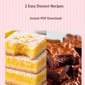 Pu&ograve; includere: Immagine con due dessert: barrette al limone e brownies. Le barrette al limone sono impilate, spolverate con zucchero a velo e hanno un ripieno giallo brillante. I brownies sono scuri, ricchi e fudgy. Il testo in alto recita "Lemon Bars + Ultra Fudgy Brownies".