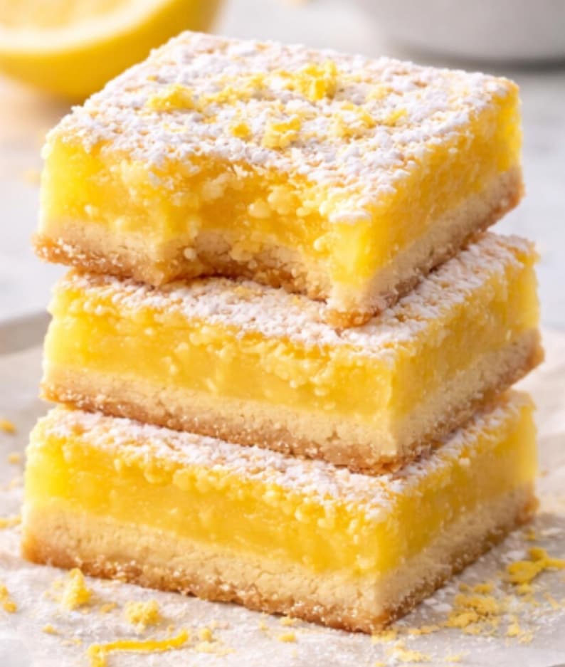 May include: Three lemon bars stacked on top of each other. The bars have a buttery crust, a bright yellow filling, and are dusted with powdered sugar and lemon zest. The top bar has a bite taken out of it.