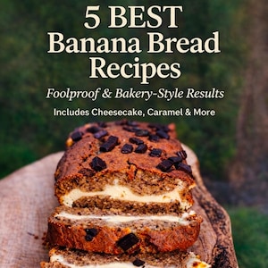 May include: A sliced loaf of banana bread with a cheesecake filling and chocolate chunks on top, presented on a wooden board. The image features text that reads "5 BEST Banana Bread Recipes" and "Instant Download."