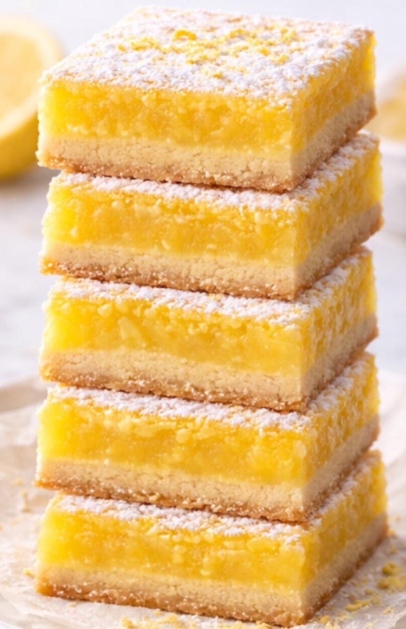 Pu&ograve; includere: Una pila di cinque barrette al limone. Ogni barretta ha una base burrosa marrone dorato sormontata da un ripieno giallo brillante e agrumato. Le barrette sono spolverate con zucchero a velo e disposte su una superficie bianca.