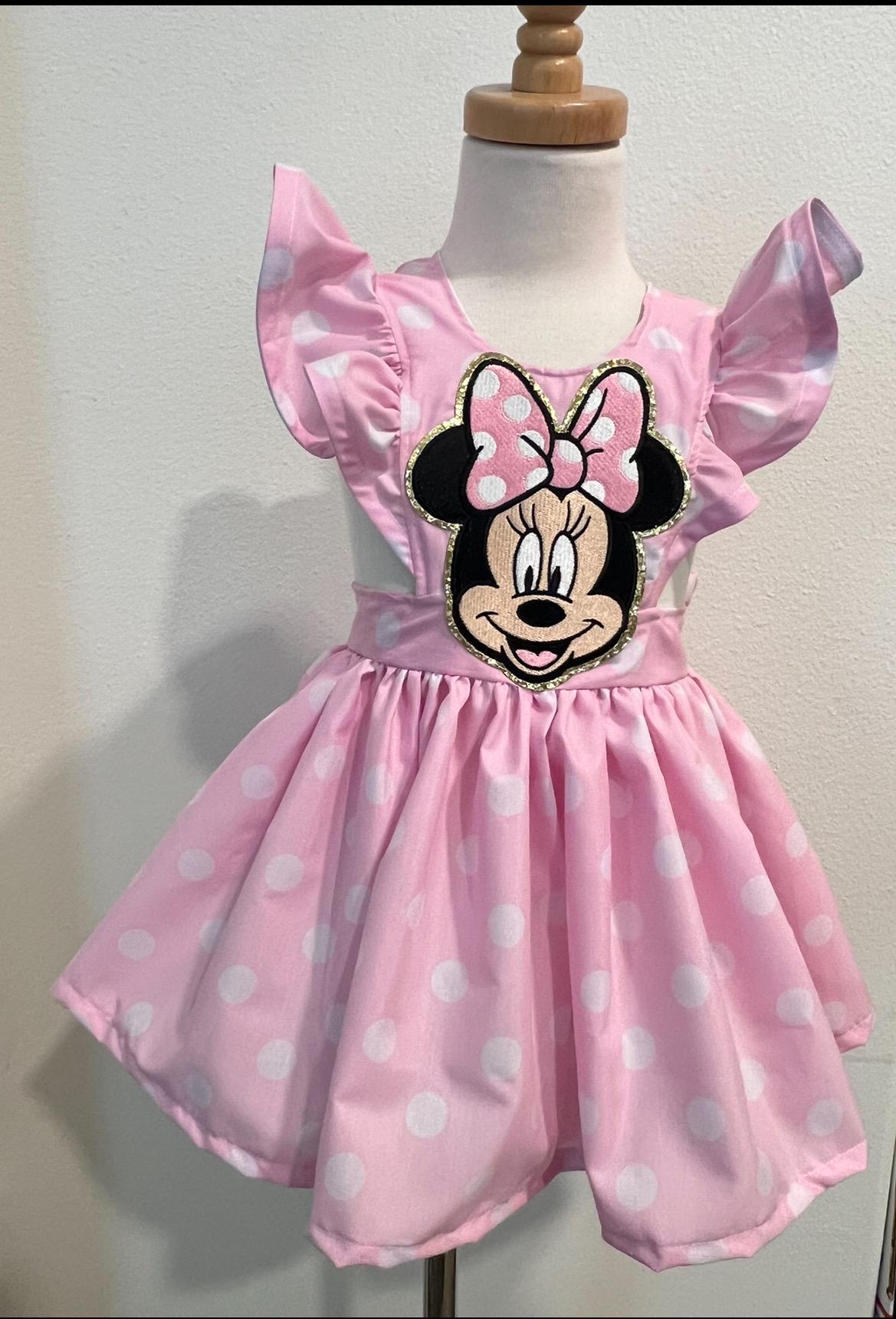 Pink Minnie Mouse polka dot pinafore dress / Disney dress / birthday dress/ custom kids dress