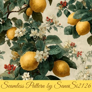 May include: A seamless pattern featuring yellow lemons, white blossoms, and clusters of small red berries set against a light beige background. The design includes dark green leaves and branches, creating a botanical illustration style.