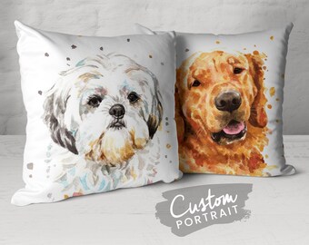 Custom PILLOW Pet Portrait - Custom Pet Portrait Watercolor Painting Throw Pillow Cushion Cover Dog Lover Gift (Splattered Watercolor)