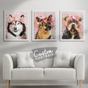 Custom ART PRINT Pet Portrait - Custom Pet Portrait With Flower Crown Farmhouse Decor Custom Pet Art Commission (Flower Crown Painting)