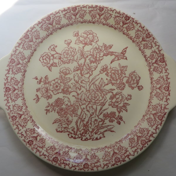 Vintage ROYAL China Inc Cream and Pink Chop Plate, Cake Plate, Platter 11.25 Inches with Handles Low Shipping Gift