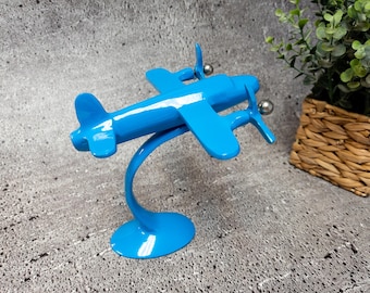 Blue Propeller Plane on Pedestal – Vintage Aviation Desk Sculpture – Collector Decor