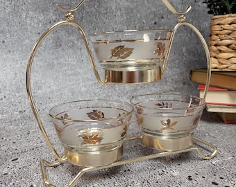 Libbey 3-Bowl Condiment Caddy – MCM Gold Leaf Frosted Glass – Condiment/Bar Cart Garnish Set