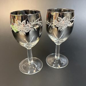Set of 2 - Sherry Glasses MCM Silver fade Lustreware Queen's Rose and leaf design