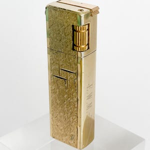 Gold Lighter King Engraved Gemini Gas Lighter - One Handed Operation - Gold plate, brushed texture, smooth sides, RARE 1970s Not working