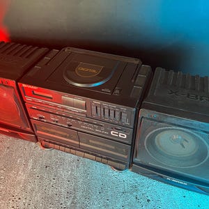 Boom Box - Sharp cd Duel Cassette Player 80s tech AM FM radio Stereo - Detachable Speakers - UNTESTED- Assumed not working