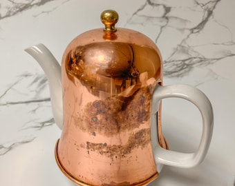 Copper and White Teapot - White Ceramic Teapot with Insulated copper Topper