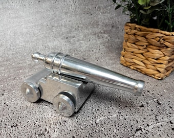 Vintage Cast Aluminum Cannon – Chrome Display Model – Desk Décor, Paperweight, Bookend