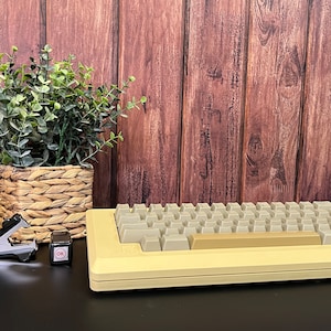 May include: A beige vintage computer keyboard with a beige and gray color scheme. The keyboard is on a black surface in front of a brown wood panel background.