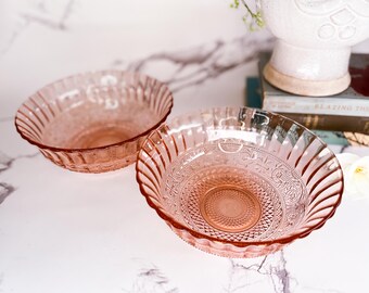 Vintage Pink Depression Glass Bowl, Blush pink trinket/jewelry glass bowl centerpiece, wedding collectible romantic cottage decor vanity