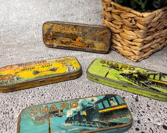Set of 4 Vintage Race Goggle Tins – Art Deco Graphics – Advertising Collectibles