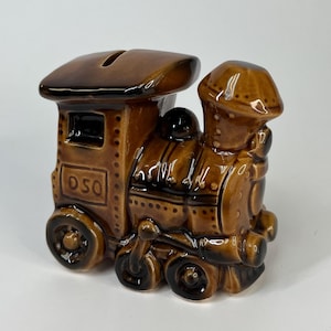 Piggy Bank, Vintage 70s Brown Glazed, Made in Japan, Cute Nursery Decor, Childhood-Inspired Ceramic Coin Bank, New Baby, Steam Train lovers