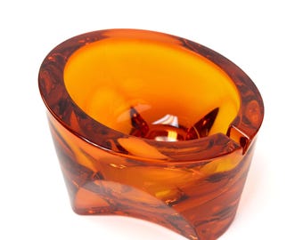 Viking Art Glass Ashtray - MCM Orb tripod slant Orange Retro Vintage Glass Bowl - Rare Collectors Glass, 1970 Living Room Decor Shelf