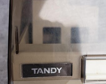 Vintage Tandy Disk Organizer – Smokey Grey Flip-Top Box with Dividers – Retro 80s Computer Accessory, Office Decor, Movie Prop