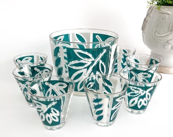 Hazel Atlas Mid-Century Bar Set: Turquoise Enamel, Gold Leaf Ice Bucket & Shot Glasses