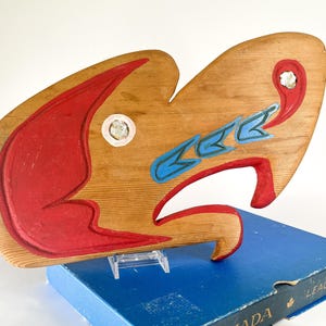 Haida Eagle Head - Hand painted Wood Carving in Haida Style, Mother of pearl Eye and nose. Blue Red Canadian Native Art