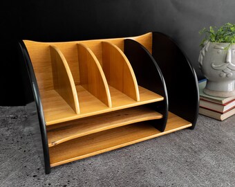 Vintage Maple Wood Desk Organizer – Curved, Multi-Position Corner Shelf, Folder & File Holder