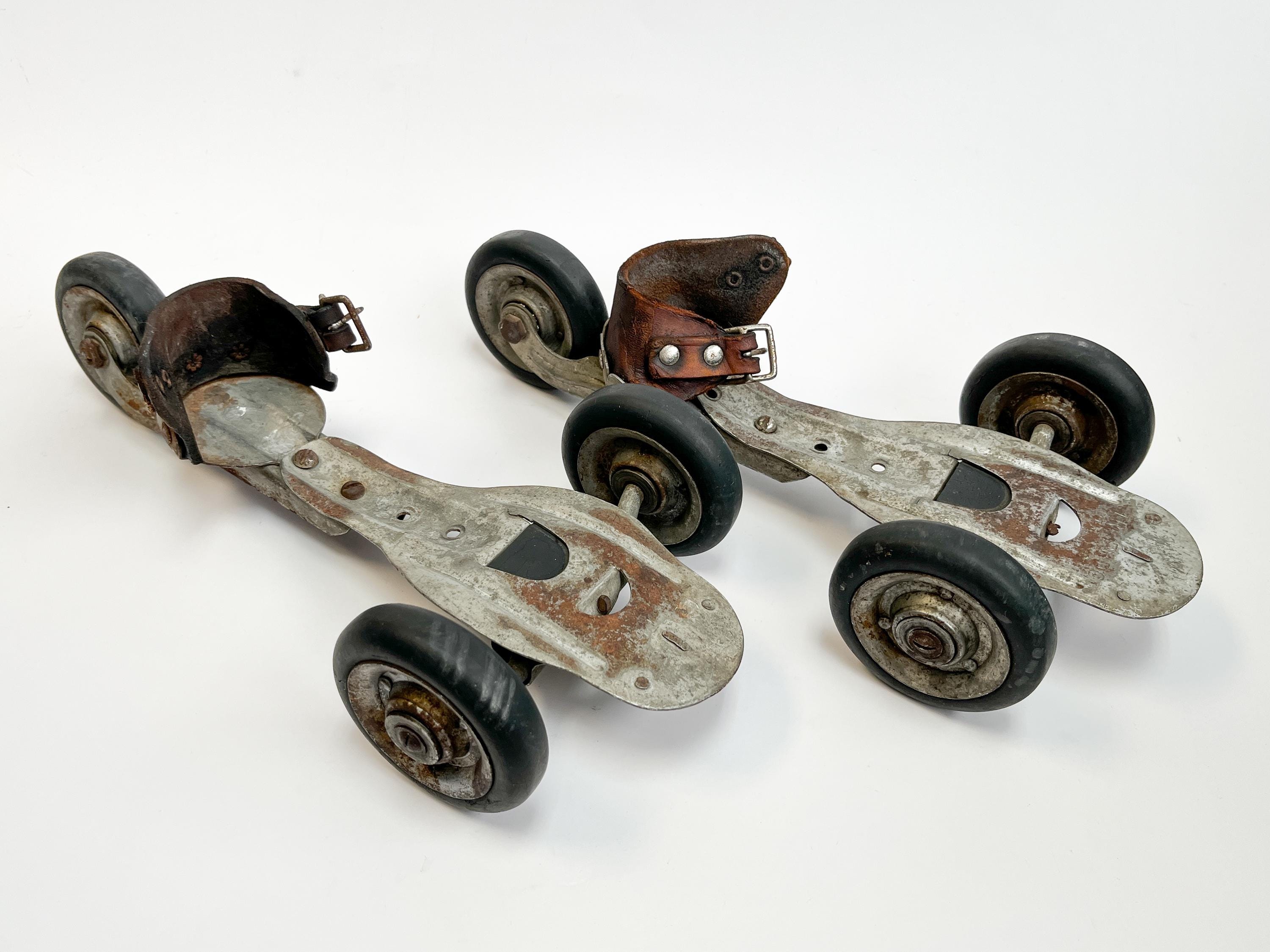 Antique Roller Skates - 3 Wheel Adjustable Size Roller Skates - Metal and Leather Vintage Sports Gear - Very rare!