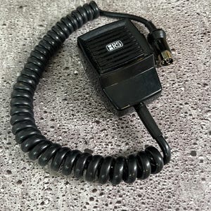 May include: A black microphone with a coiled cord and a connector. The microphone has a black label with the letters "RS" in white.