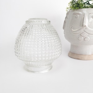 Może przedstawiać: Przezroczysty szklany klosz z teksturowanym wzorem w kratkę. Klosz ma zaokrąglony, dzwonowaty kształt i stoi na małej podstawie. Obok znajduje się biała ceramiczna donica w kształcie twarzy z wąsami, trzymająca zieleń.