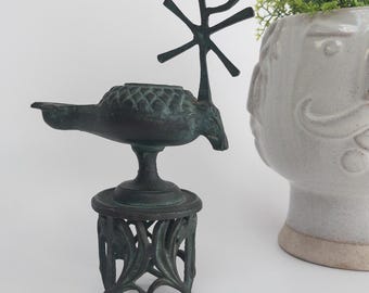 19th Century Grand Tour brass devotional oil lamp on stand with cross-unique CHI-RHO and star spout symbolism - Rare Antique