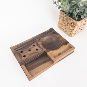 Organizer Executive Desk - Walnut Slab, Carved desk organizer for office supplies, pens pencils, business card holder - Natural Aesthetic