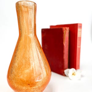 Glass Vase Orange Crackle – Hand Blown Art Glass with Retro MCM Style – Tall Neck Bud Vase for Home Decor, Gifts & Collectors