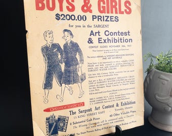 Vintage Advertisement - Blue Red Poster Sargent hexagon Crayons - Classroom art, studio decor, 1930s school kids, teacher gift, game room