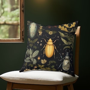 Gold Beetle Black Spun Polyester Square Pillow, Dark Academia Aesthetic Decor, Botanical Insect Throw Pillow, Living Room Decor