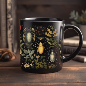 Black Beetles Botanical Mug, Dark Academia 11oz Coffee Mug, Cottagecore Aesthetic, Forestcore, Nature Witch, Whimsigoth, Gift for Her
