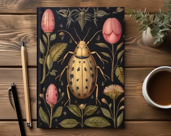 Gold Beetle Hardcover Journal, Botanical Beetle Matte Notebook, Dark Cottagecore Aesthetic Book, Green Cottagecore Bug Book, Hedge Witch