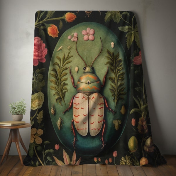 Botanical Beetle Velveteen Plush Blanket, Cottagecore Beetle Blanket, Forestcore, Dark Academia Throw, Light Academia Throw, Floral Blanket